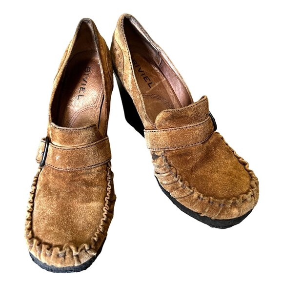 Biviel Brown Leather Wedge Loafers Sz 7 (38 EU) Womens 4" Heel w/ Side Buckle - Picture 2 of 13